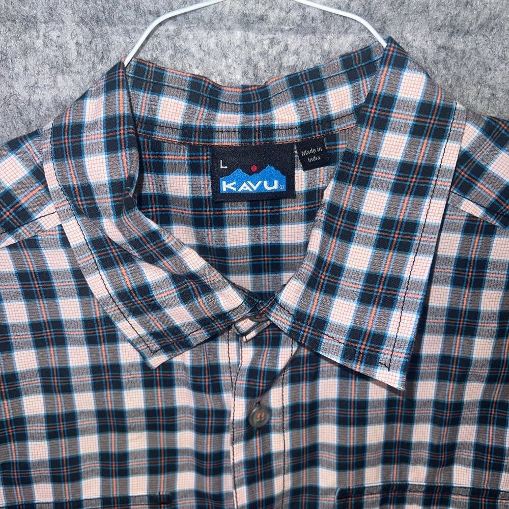 Kavu Shirt Men's Large Short Sleeve Plaid‎ Cotton Button Down Blue Pink White